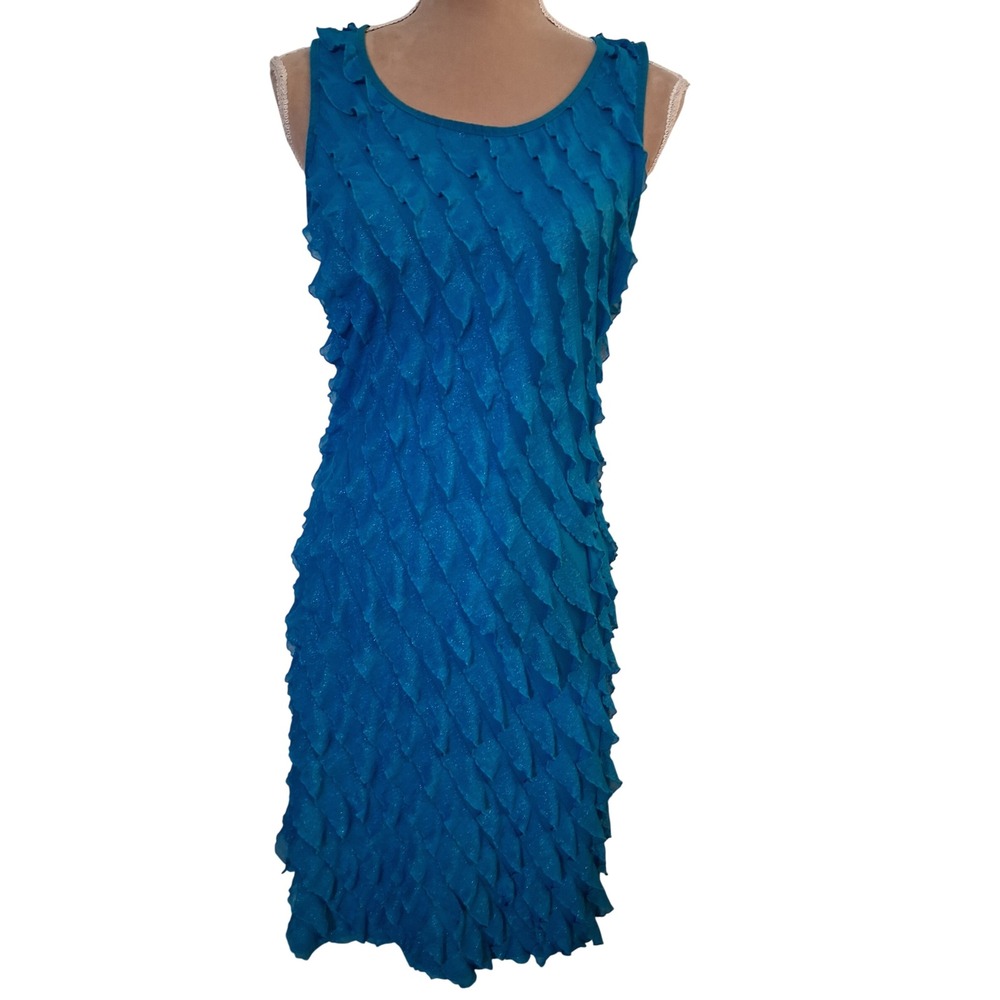 NY Collection Teal Blue Ruffle Shimmer Sheath Dress Womens Medium Sleeve